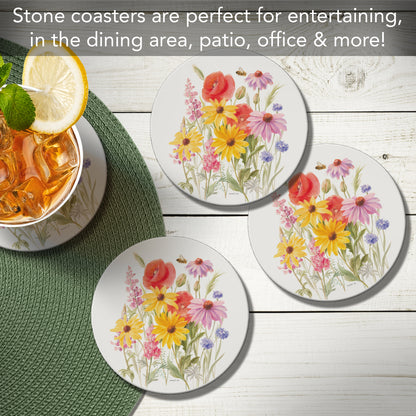 Thirstystone Wildflowers 4 Pack Round Absorbent Stone Coasters 4" Diameter Manufactured in The USA