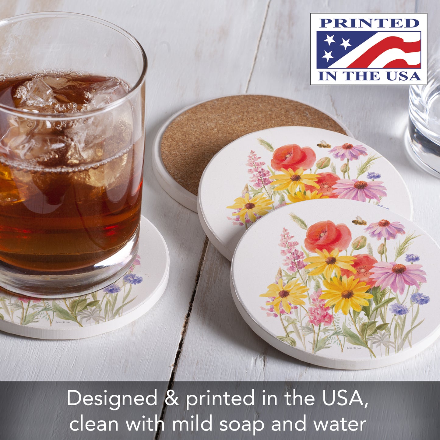 Thirstystone Wildflowers 4 Pack Round Absorbent Stone Coasters 4" Diameter Manufactured in The USA