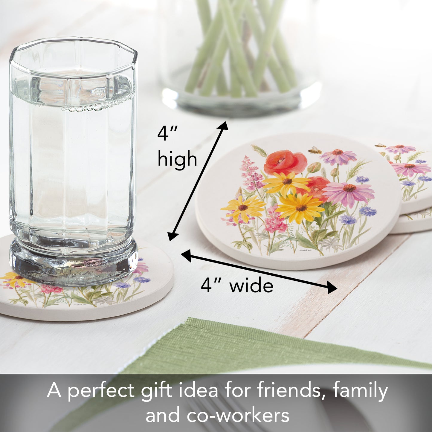Thirstystone Wildflowers 4 Pack Round Absorbent Stone Coasters 4" Diameter Manufactured in The USA
