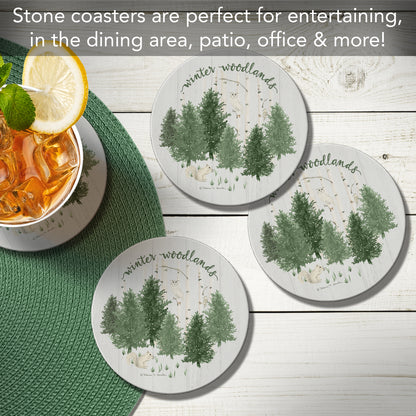 Thirstystone Winter Woodlands 4 Pack Round Absorbent Stone Coasters 4" Diameter