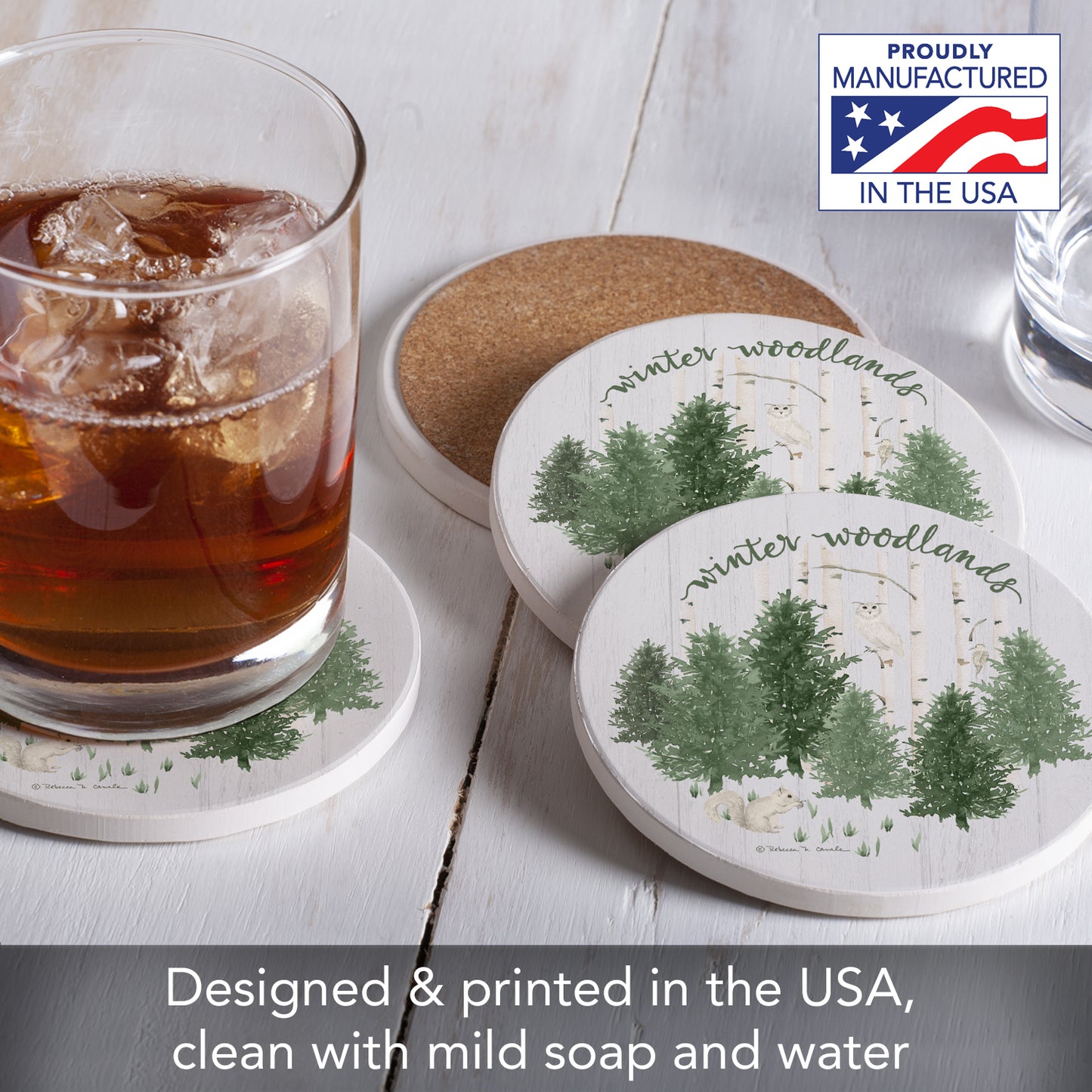 Thirstystone Winter Woodlands 4 Pack Round Absorbent Stone Coasters 4" Diameter