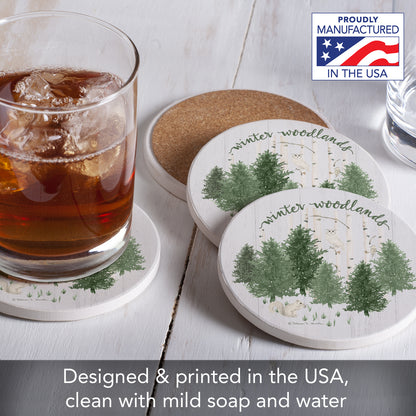 Thirstystone Winter Woodlands 4 Pack Round Absorbent Stone Coasters 4" Diameter