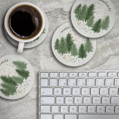 Thirstystone Winter Woodlands 4 Pack Round Absorbent Stone Coasters 4" Diameter