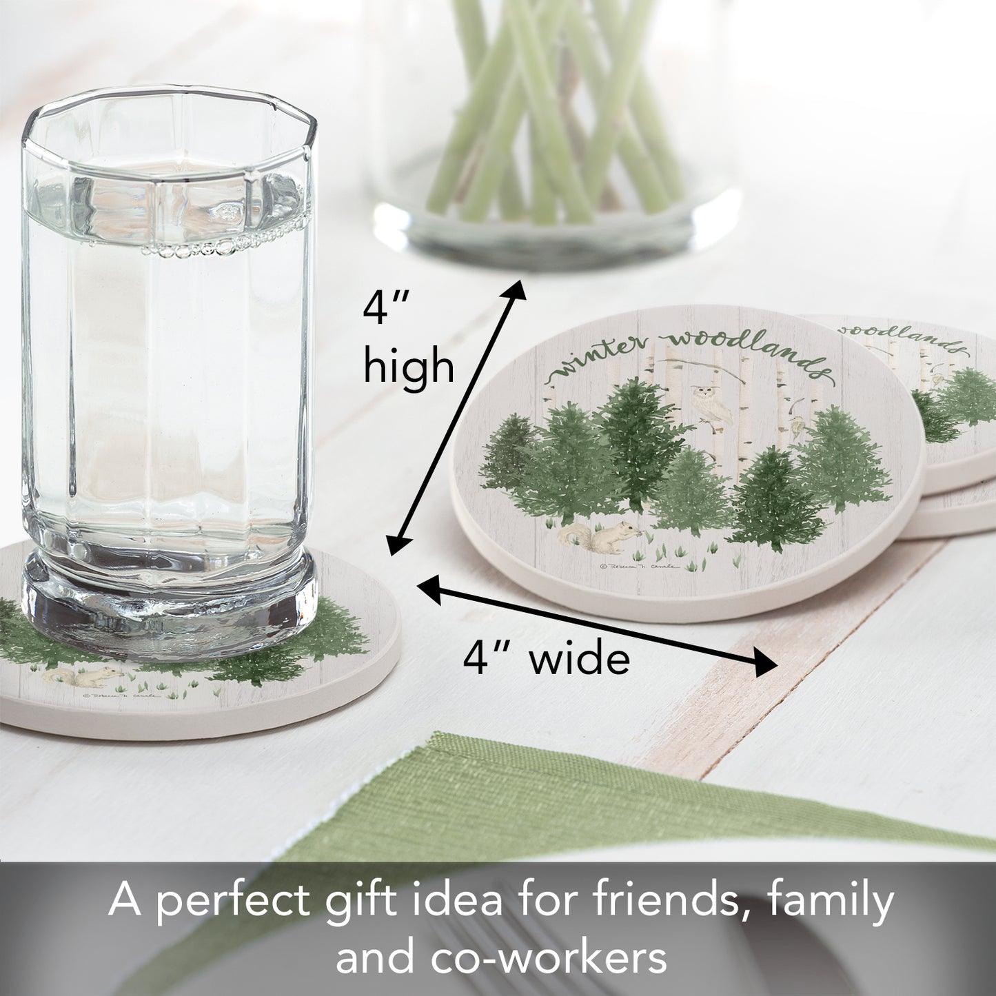 Thirstystone Winter Woodlands 4 Pack Round Absorbent Stone Coasters 4" Diameter