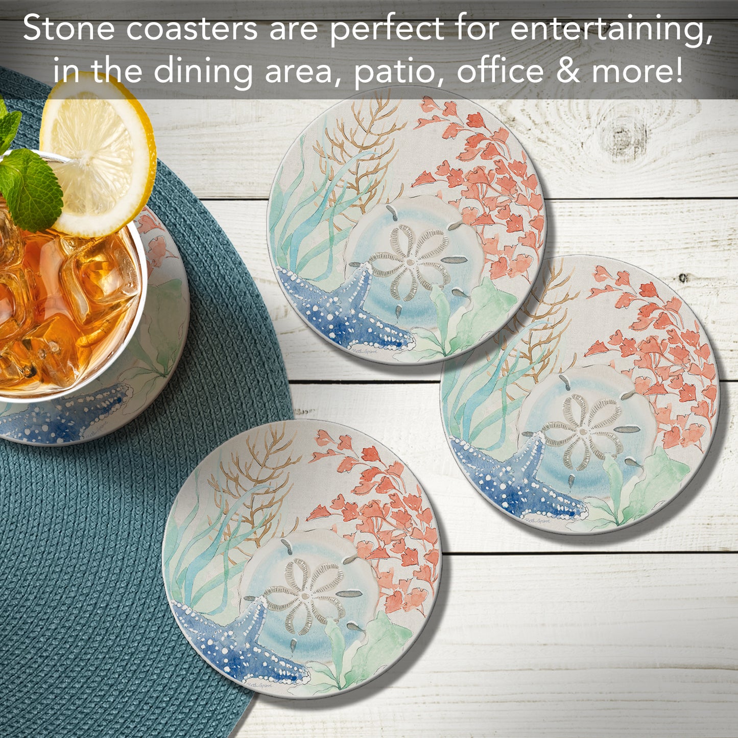 Thirstystone Seaside 4 Pack Round Absorbent Stone Coasters 4" Diameter Manufactured in the USA