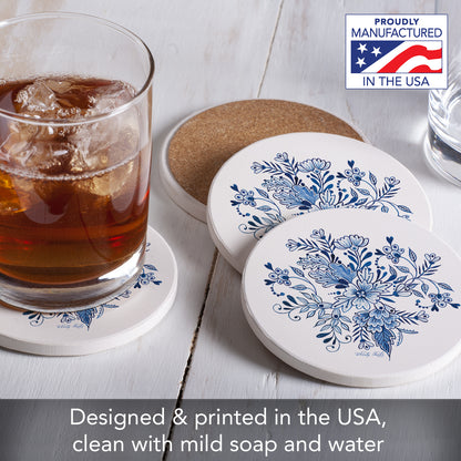 Thirstystone Blue & White Floral 4 Pack Round Absorbent Stone Coasters 4" Diameter Manufactured in the USA