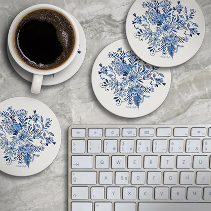 Thirstystone Blue & White Floral 4 Pack Round Absorbent Stone Coasters 4" Diameter Manufactured in the USA