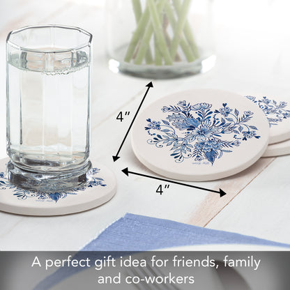 Thirstystone Blue & White Floral 4 Pack Round Absorbent Stone Coasters 4" Diameter Manufactured in the USA