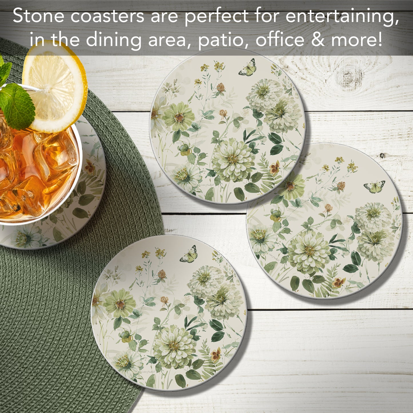 Thirstystone Green Fields 4 Pack Round Absorbent Stone Coasters 4" Diameter Manufactured in the USA