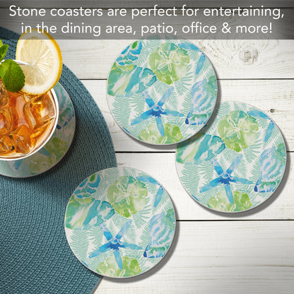 Thirstystone Isla Mona Sea Life 4 Pack Round Absorbent Stone Coasters 4" Diameter Manufactured in the USA