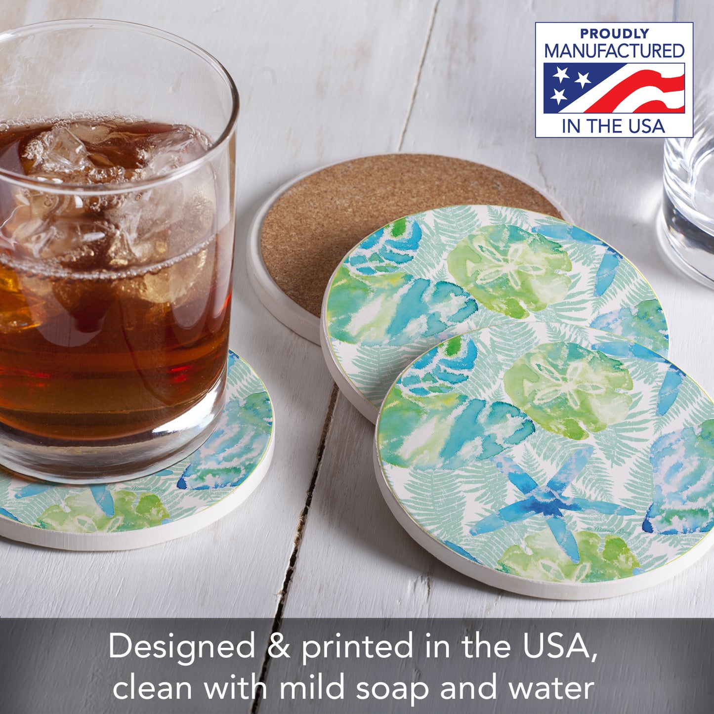Thirstystone Isla Mona Sea Life 4 Pack Round Absorbent Stone Coasters 4" Diameter Manufactured in the USA