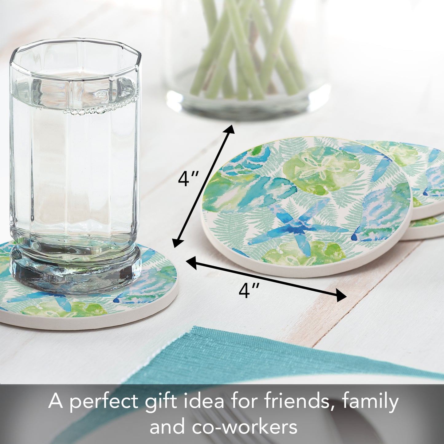 Thirstystone Isla Mona Sea Life 4 Pack Round Absorbent Stone Coasters 4" Diameter Manufactured in the USA