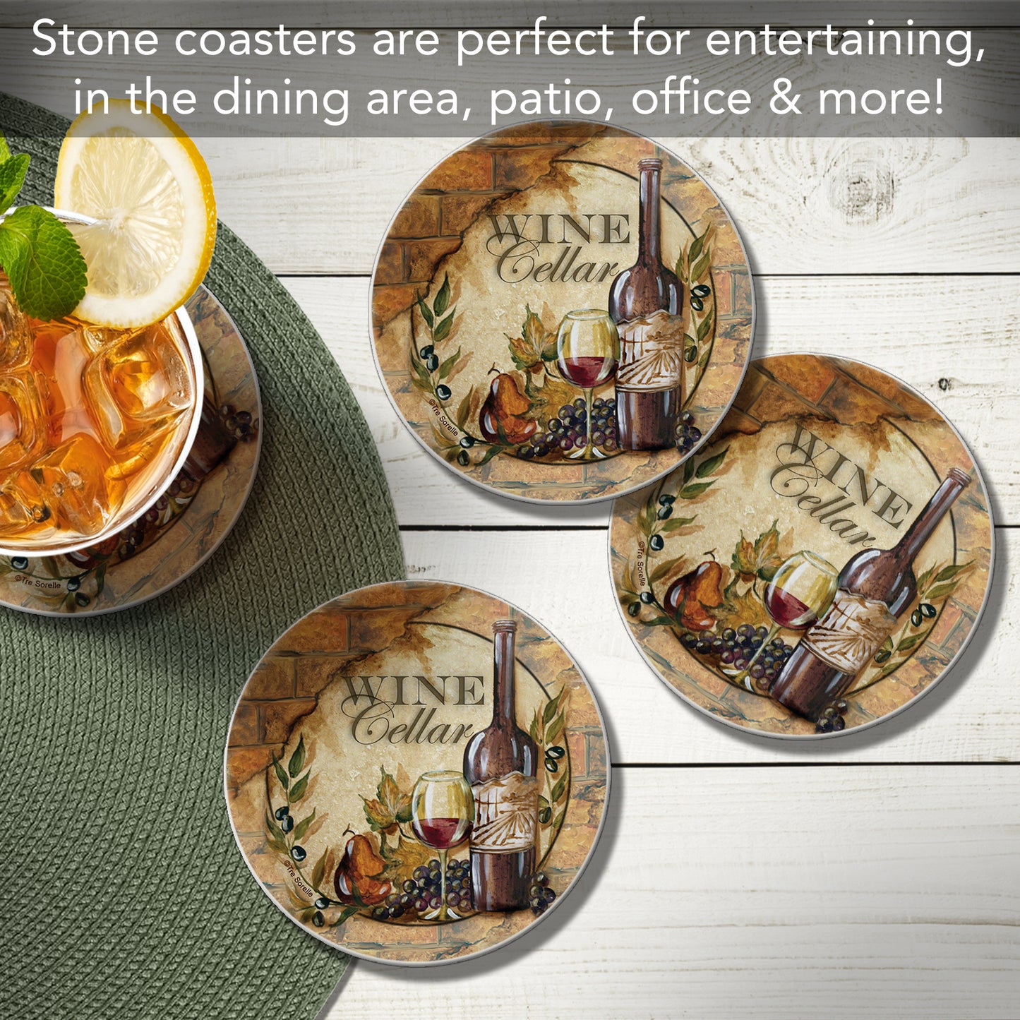 Thirstystone Wine Cellar 4 Pack Round Absorbent Stone Coasters 4" Diameter Manufactured in the USA