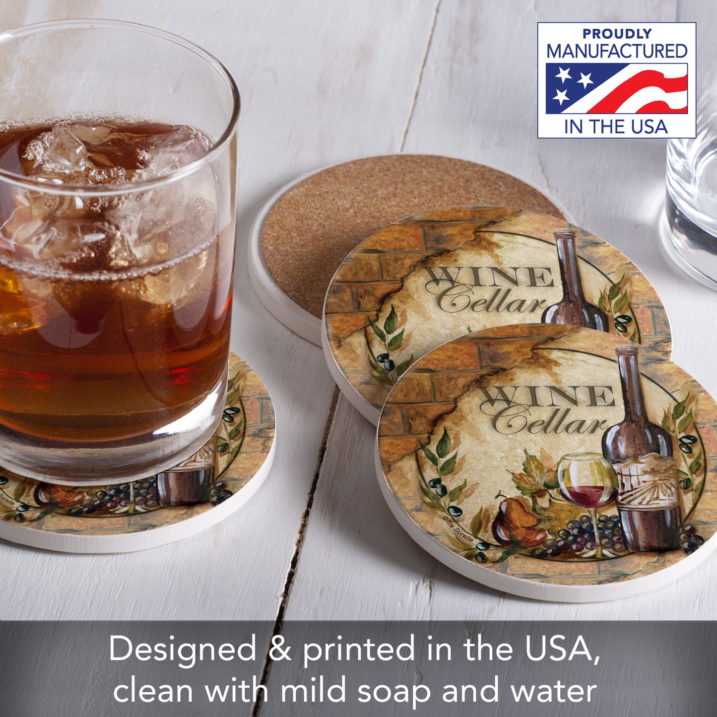 Thirstystone Wine Cellar 4 Pack Round Absorbent Stone Coasters 4" Diameter Manufactured in the USA