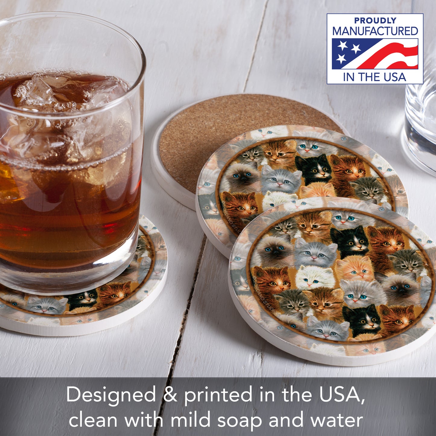 Thirstystone Kittens 4 Pack Round Absorbent Stone Coasters 4" Diameter Manufactured in the USA