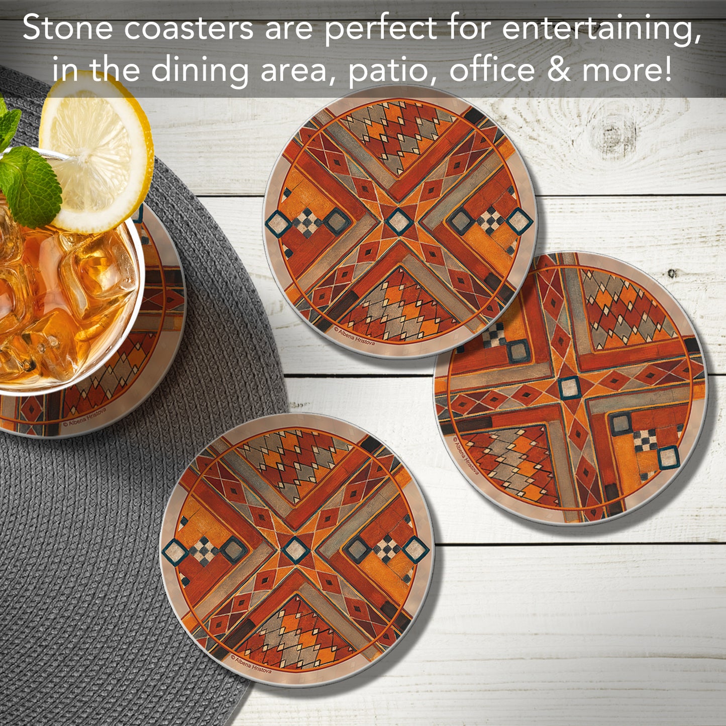 Thirstystone Southwest Pattern III 4 Pack Round Absorbent Stone Coasters 4" Diameter Manufactured in the USA