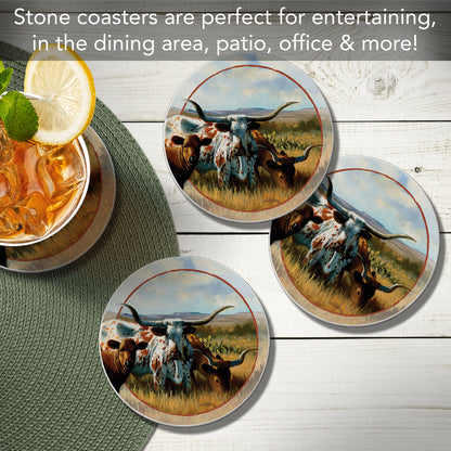 Thirstystone Longhorns 4 Pack Round Absorbent Stone Coasters 4" Diameter Manufactured in the USA