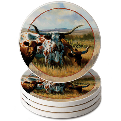 Thirstystone Longhorns 4 Pack Round Absorbent Stone Coasters 4" Diameter Manufactured in the USA
