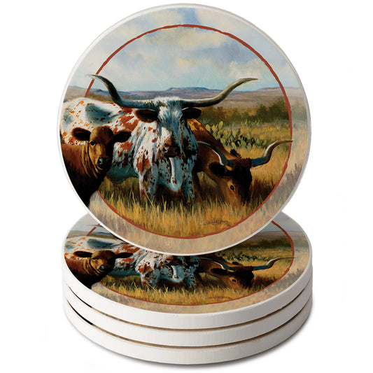 Thirstystone Longhorns 4 Pack Round Absorbent Stone Coasters 4" Diameter Manufactured in the USA