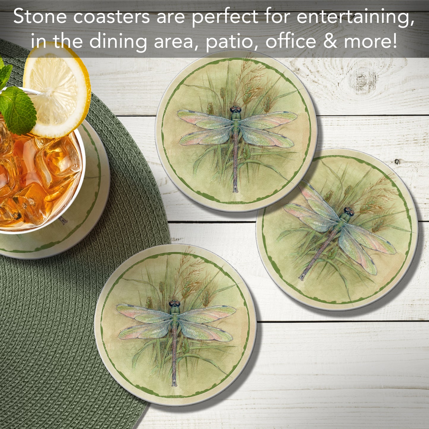 Thirstystone Dragonfly 4 Pack Round Absorbent Stone Coasters 4" Diameter Manufactured in the USA