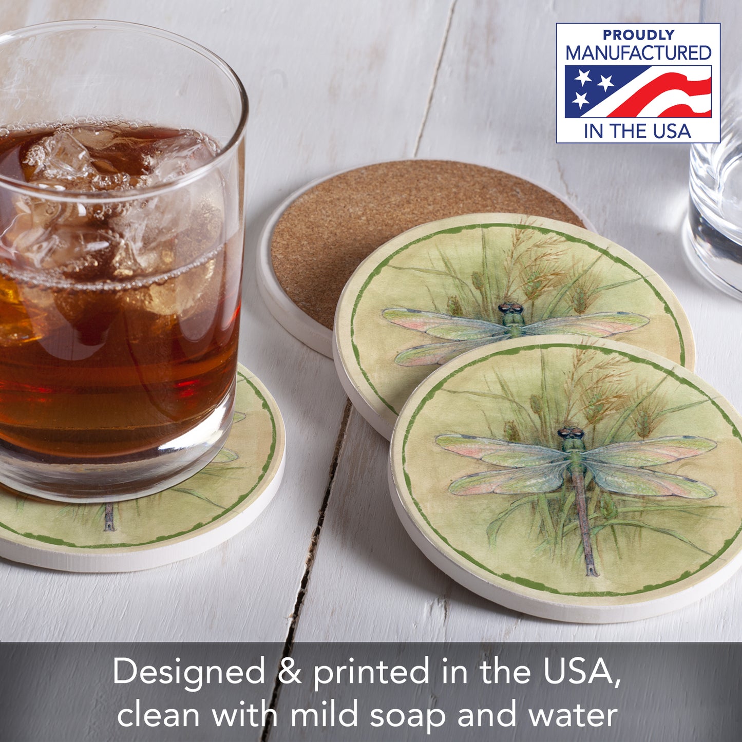Thirstystone Dragonfly 4 Pack Round Absorbent Stone Coasters 4" Diameter Manufactured in the USA