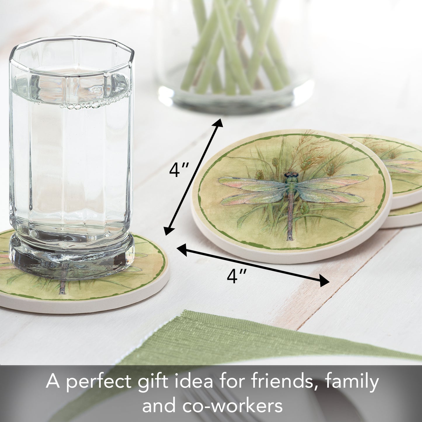 Thirstystone Dragonfly 4 Pack Round Absorbent Stone Coasters 4" Diameter Manufactured in the USA