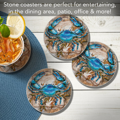 Thirstystone Blue Crab 4-Pack Round Absorbent Stone Coasters Manufactured in The USA