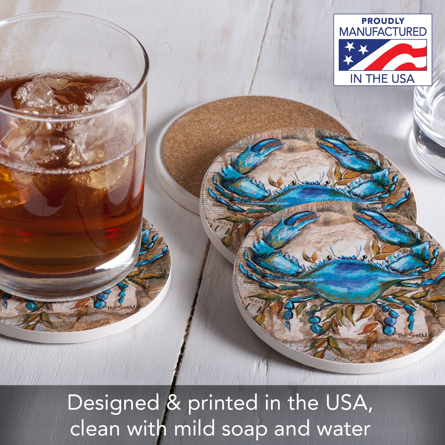 Thirstystone Blue Crab 4-Pack Round Absorbent Stone Coasters Manufactured in The USA