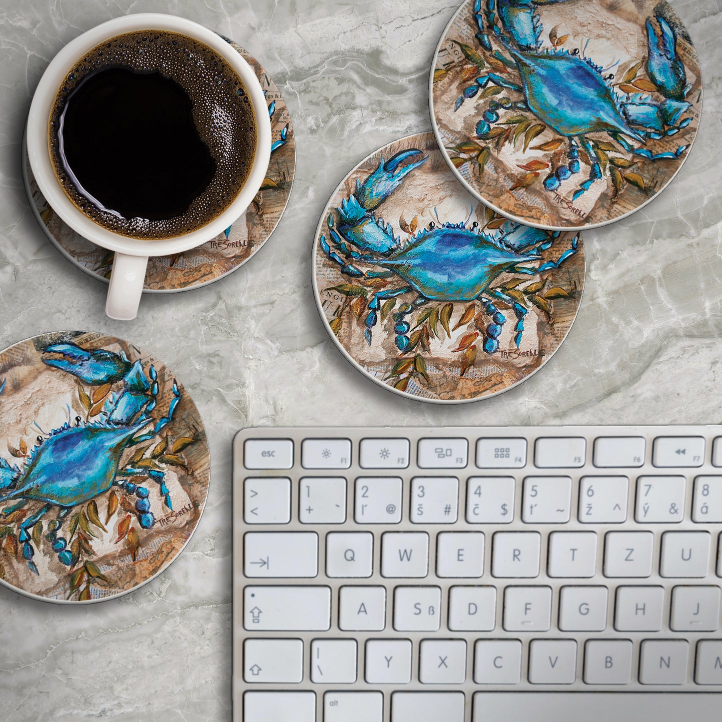 Thirstystone Blue Crab 4-Pack Round Absorbent Stone Coasters Manufactured in The USA