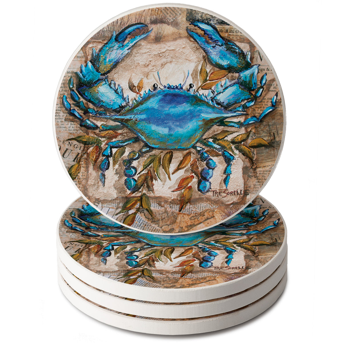 Thirstystone Blue Crab 4-Pack Round Absorbent Stone Coasters Manufactured in The USA