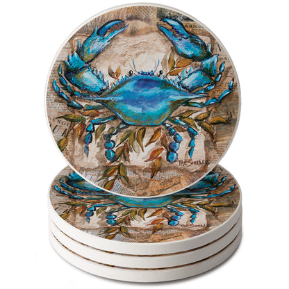 Thirstystone Blue Crab 4-Pack Round Absorbent Stone Coasters Manufactured in The USA