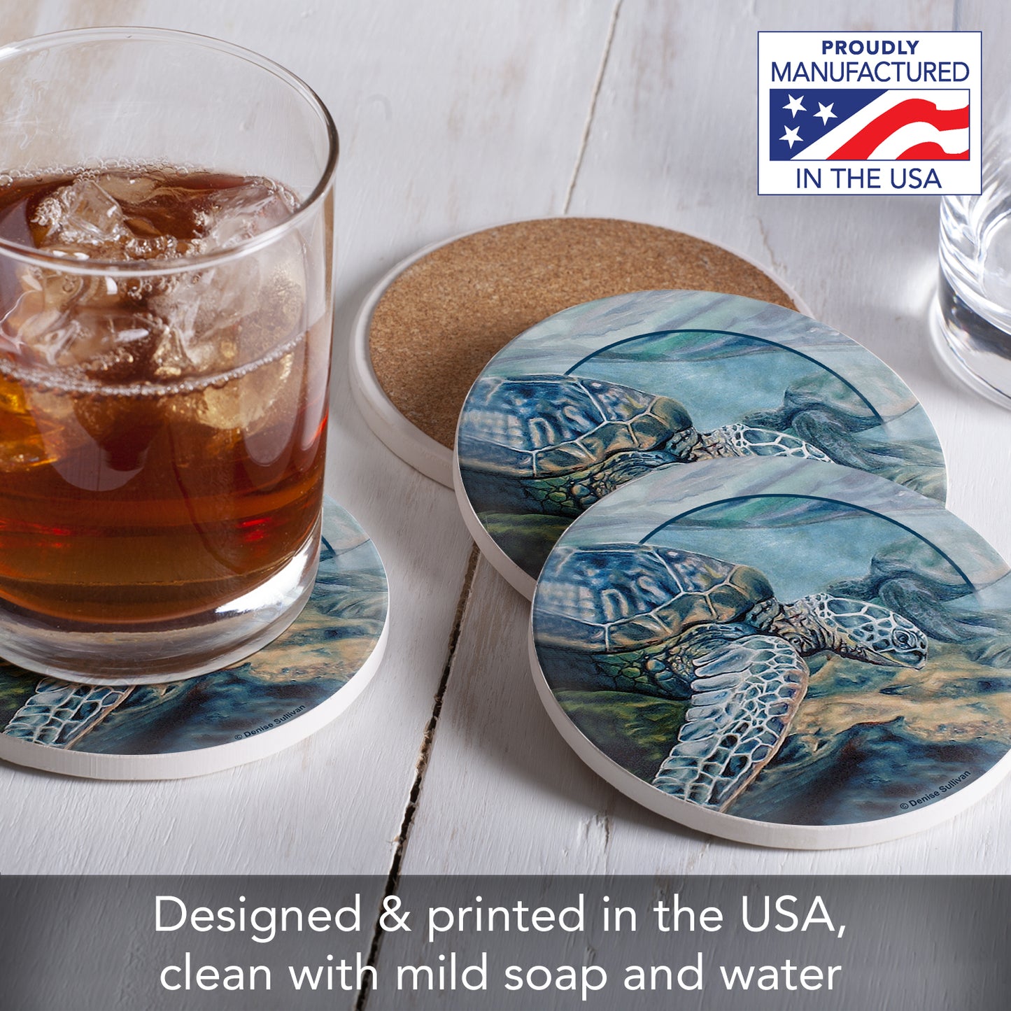 Thirstystone Kona Sea Turtle 4-Pack Round Absorbent Stone Coasters with Protective Cork Backing Manufactured in The USA