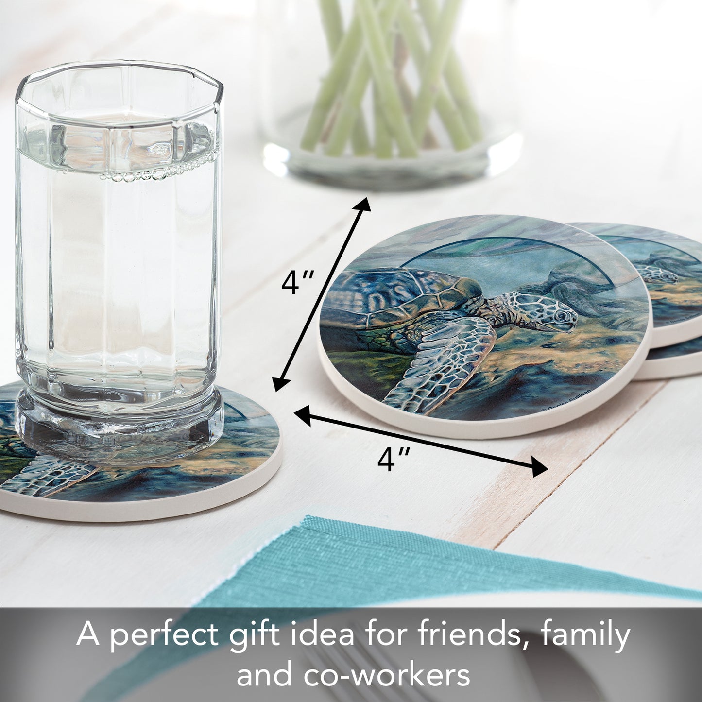 Thirstystone Kona Sea Turtle 4-Pack Round Absorbent Stone Coasters with Protective Cork Backing Manufactured in The USA