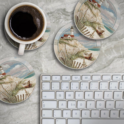 Thirstystone Beach Lighthouse 4 Pack Round Absorbent Stone Coasters 4" Diameter Manufactured in the USA