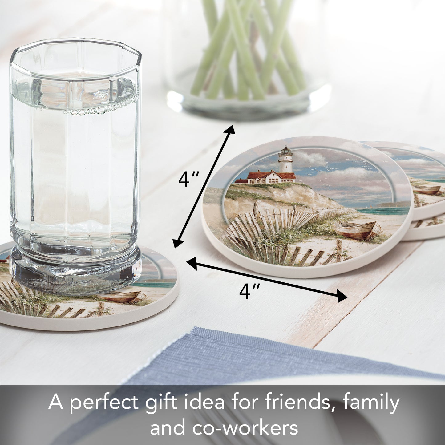 Thirstystone Beach Lighthouse 4 Pack Round Absorbent Stone Coasters 4" Diameter Manufactured in the USA