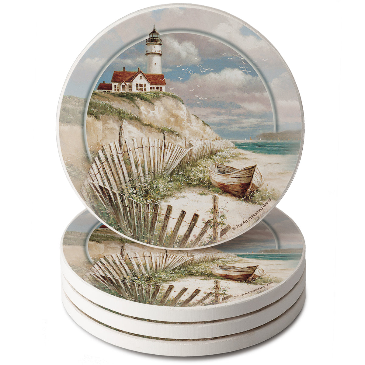 Thirstystone Beach Lighthouse 4 Pack Round Absorbent Stone Coasters 4" Diameter Manufactured in the USA