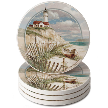Thirstystone Beach Lighthouse 4 Pack Round Absorbent Stone Coasters 4" Diameter Manufactured in the USA