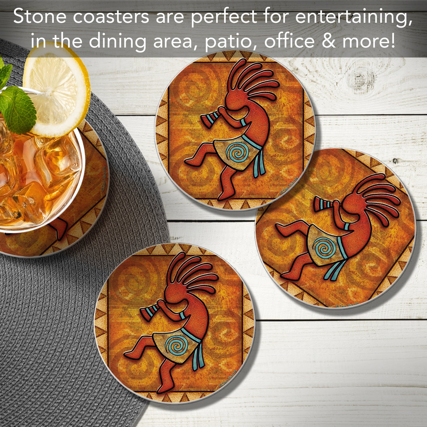 Thirstystone Kokopelli 4 Pack Round Absorbent Stone Coasters 4" Diameter Manufactured in the USA