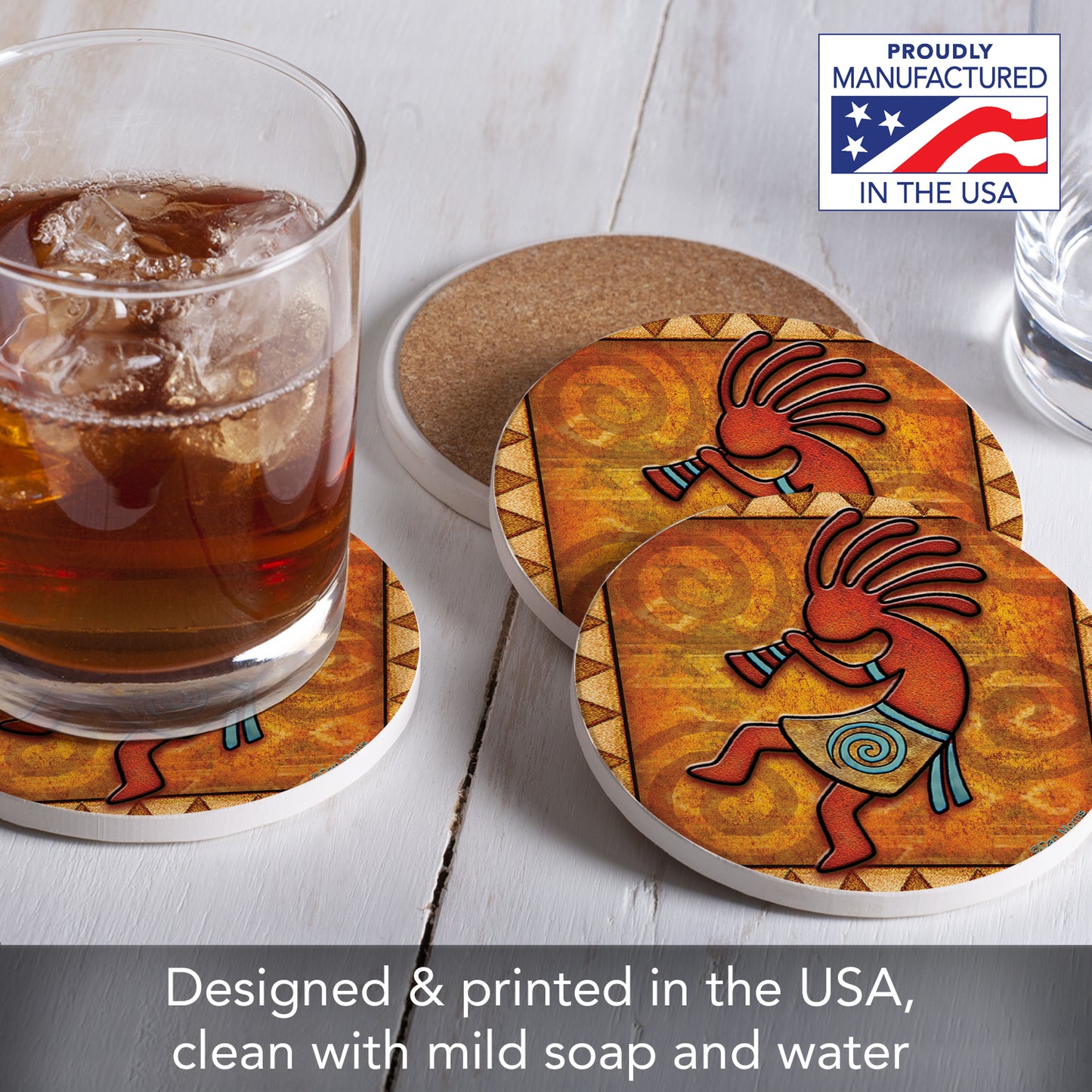 Thirstystone Kokopelli 4 Pack Round Absorbent Stone Coasters 4" Diameter Manufactured in the USA
