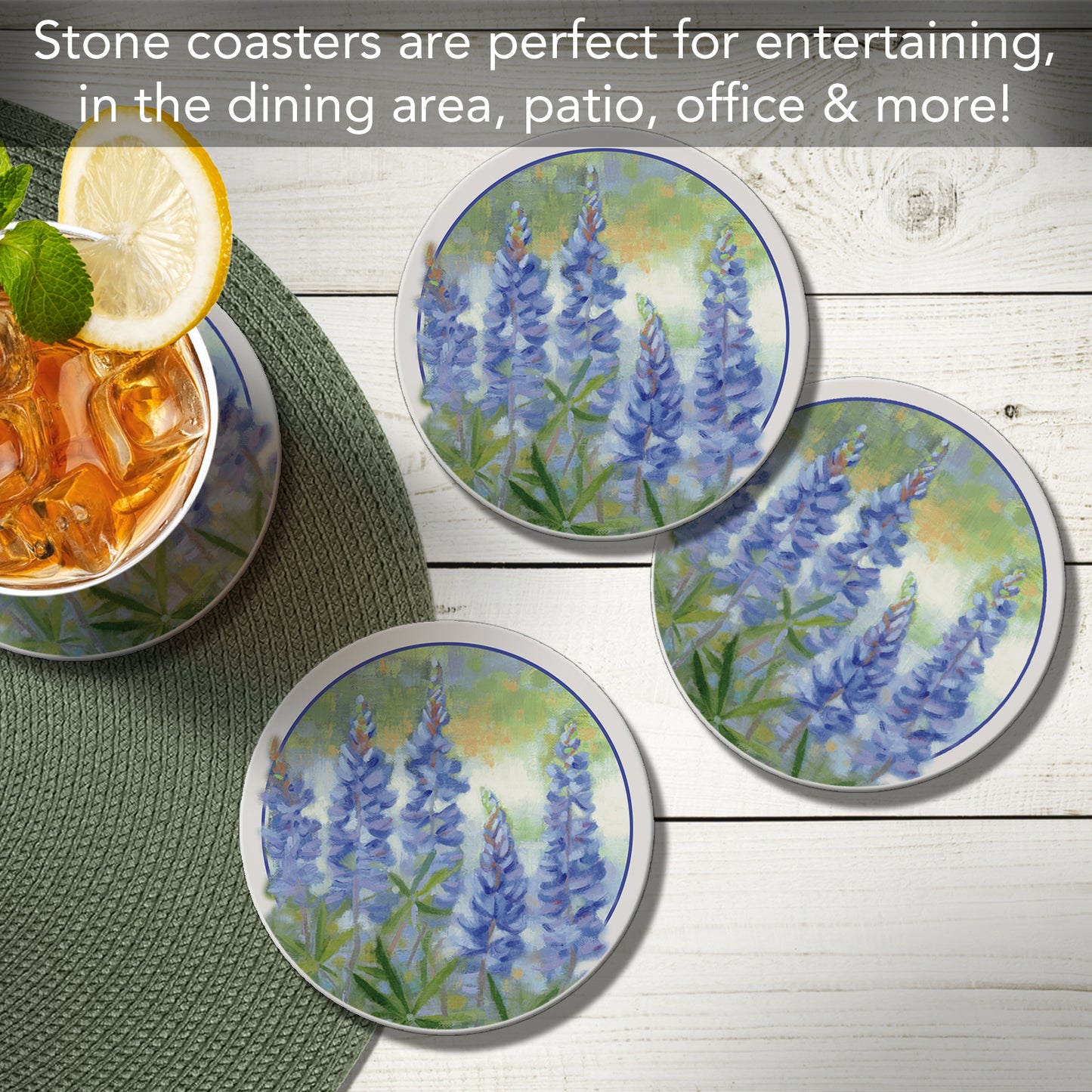 Thirstystone Bluebonnets 4 Pack Round Absorbent Stone Coasters 4" Diameter Manufactured in the USA