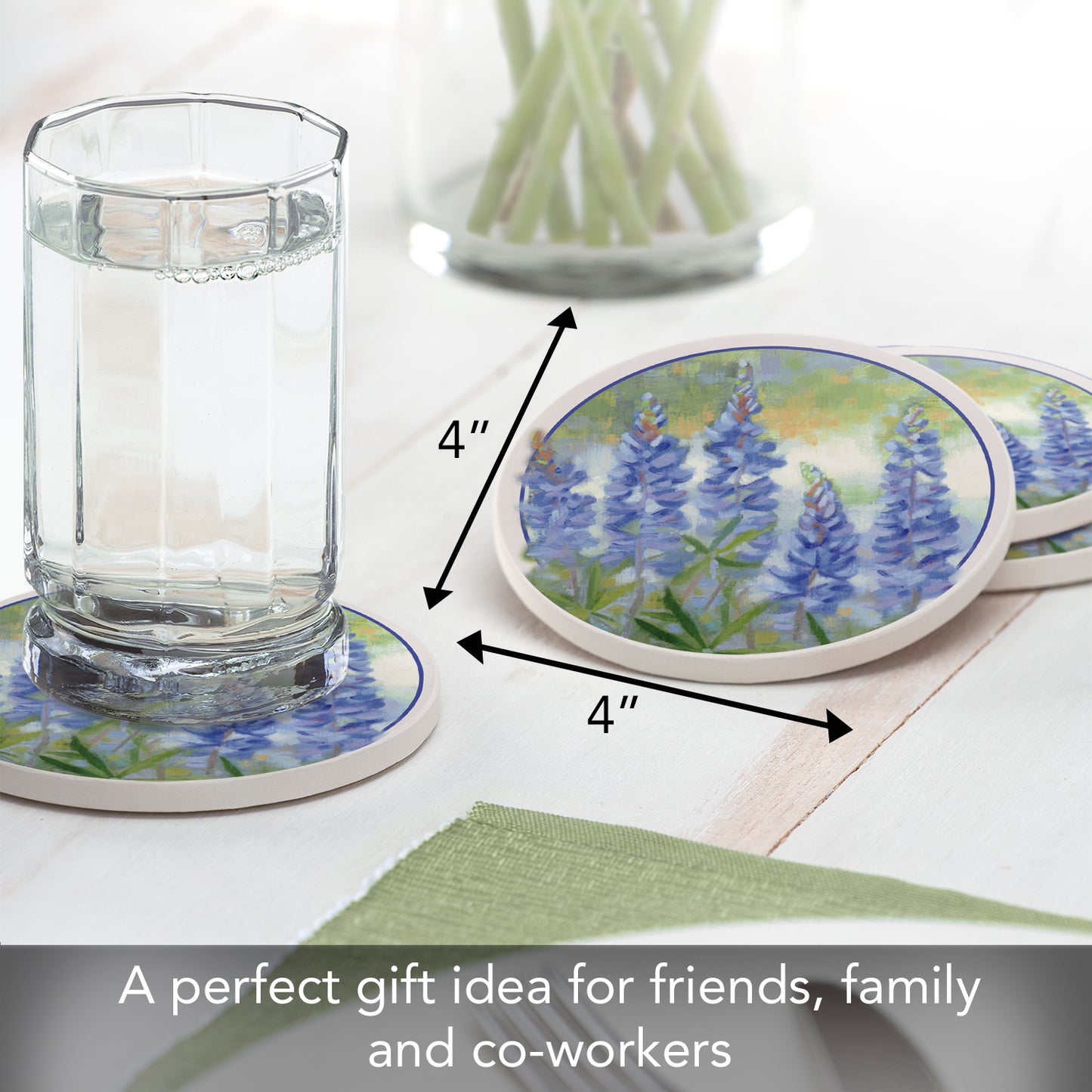 Thirstystone Bluebonnets 4 Pack Round Absorbent Stone Coasters 4" Diameter Manufactured in the USA