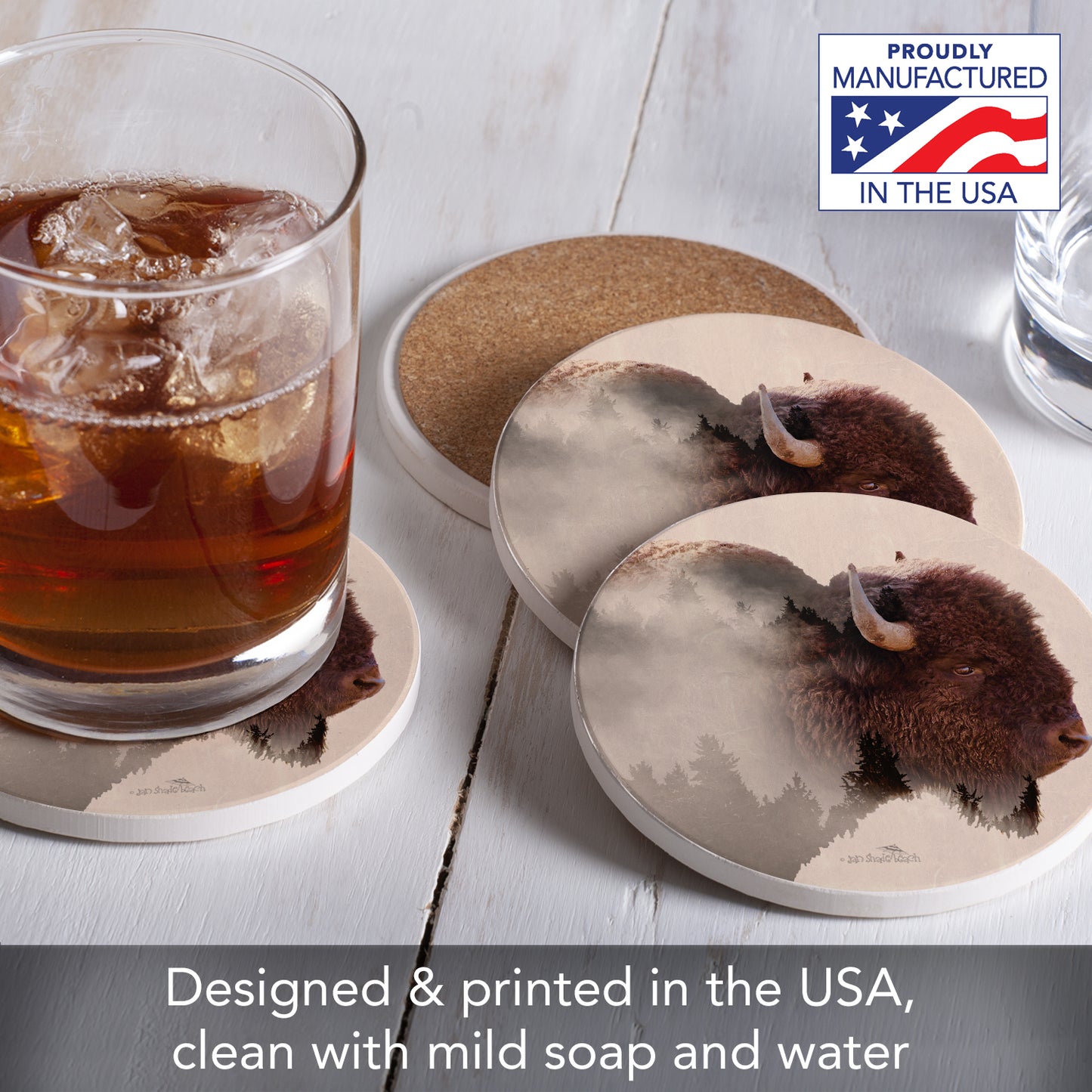 Thirstystone Buffalo Scene 4 Pack Round Absorbent Stone Coasters 4" Diameter Manufactured in the USA