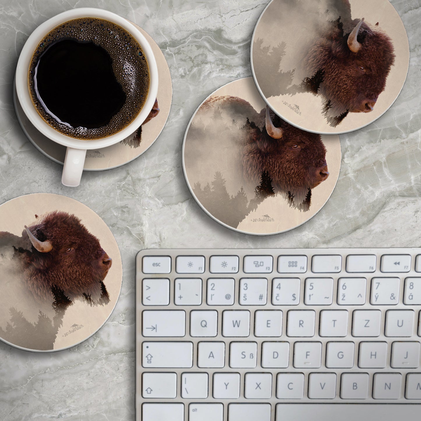Thirstystone Buffalo Scene 4 Pack Round Absorbent Stone Coasters 4" Diameter Manufactured in the USA