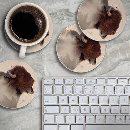 Thirstystone Buffalo Scene 4 Pack Round Absorbent Stone Coasters 4" Diameter Manufactured in the USA