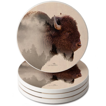 Thirstystone Buffalo Scene 4 Pack Round Absorbent Stone Coasters 4" Diameter Manufactured in the USA