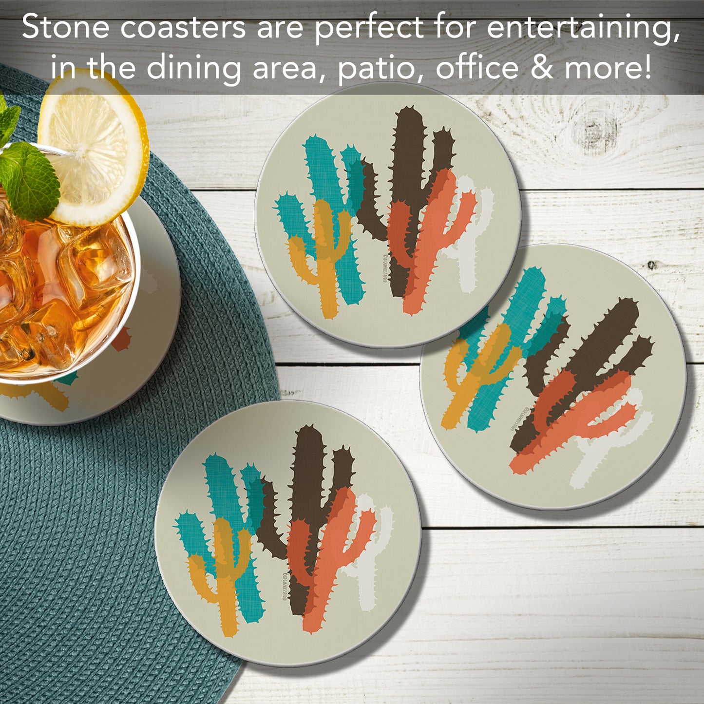 Thirstystone Modern Cacti 4 Pack Round Absorbent Stone Coasters 4" Diameter Manufactured in the USA