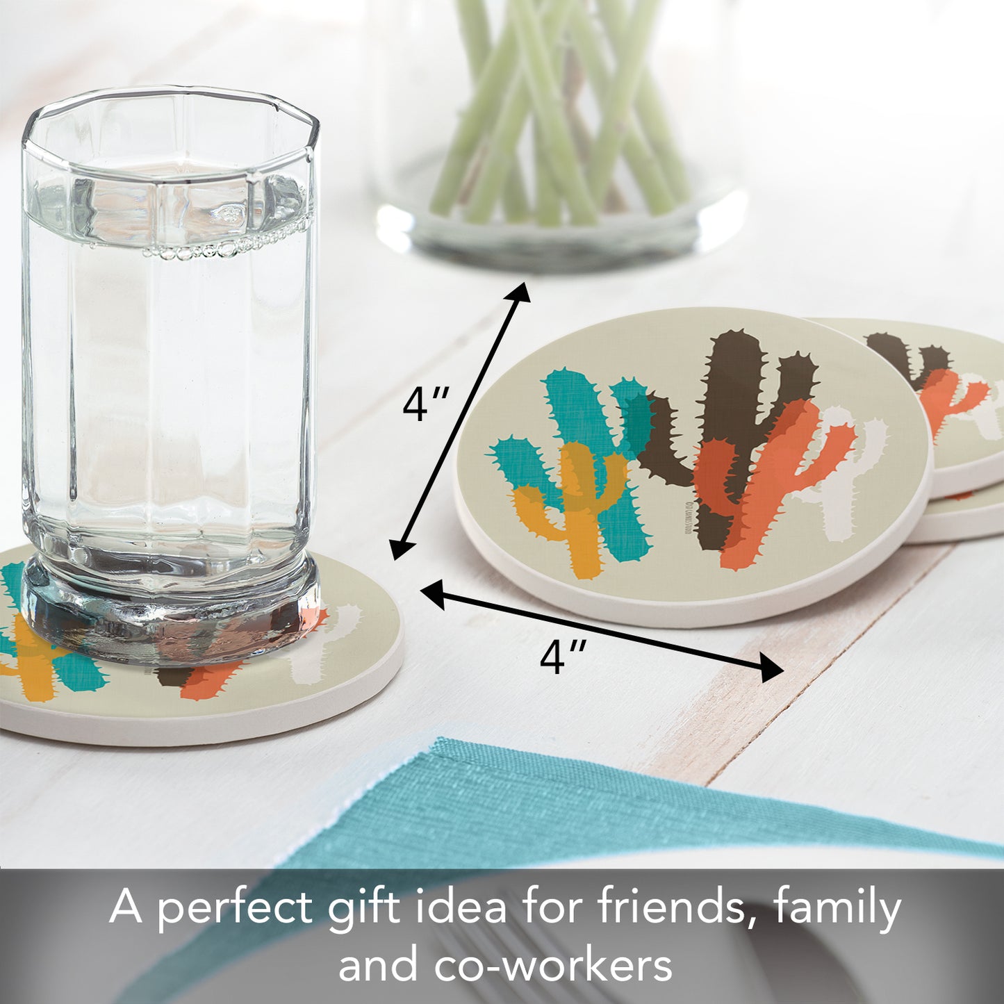Thirstystone Modern Cacti 4 Pack Round Absorbent Stone Coasters 4" Diameter Manufactured in the USA