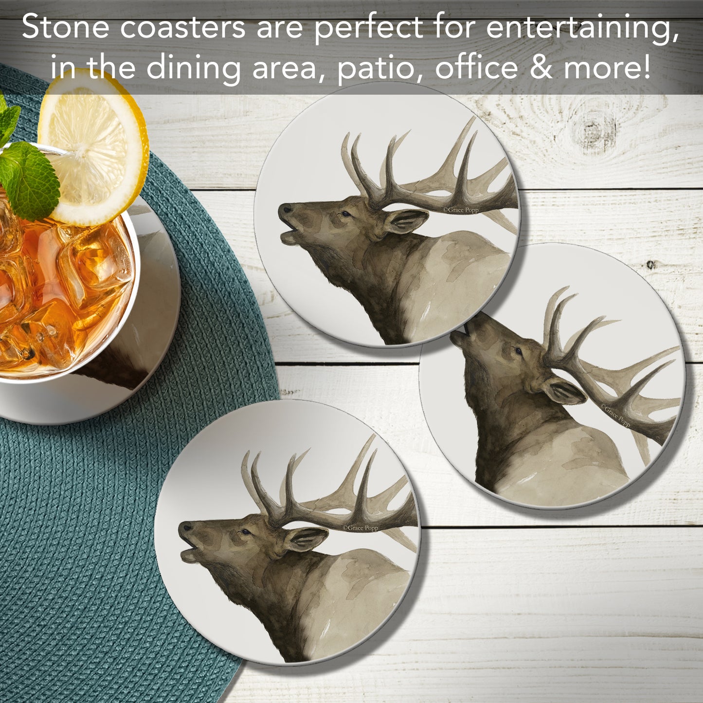 Thirstystone Call of The Elk 4 Pack Round Absorbent Stone Coasters 4" Diameter Manufactured in the USA