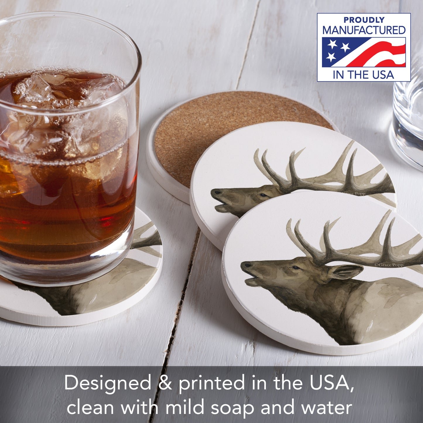 Thirstystone Call of The Elk 4 Pack Round Absorbent Stone Coasters 4" Diameter Manufactured in the USA
