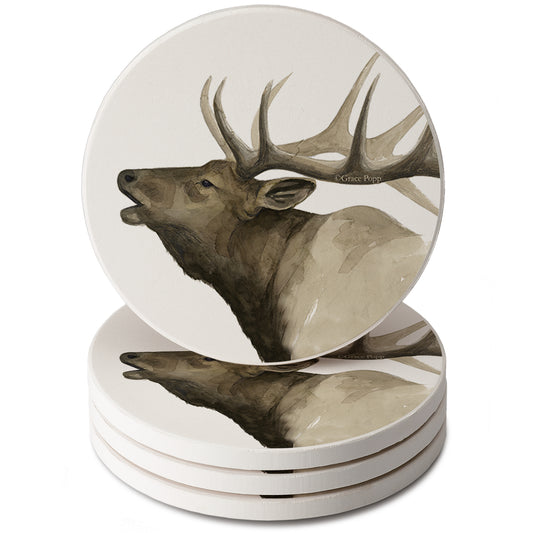 Thirstystone Call of The Elk 4 Pack Round Absorbent Stone Coasters 4" Diameter Manufactured in the USA